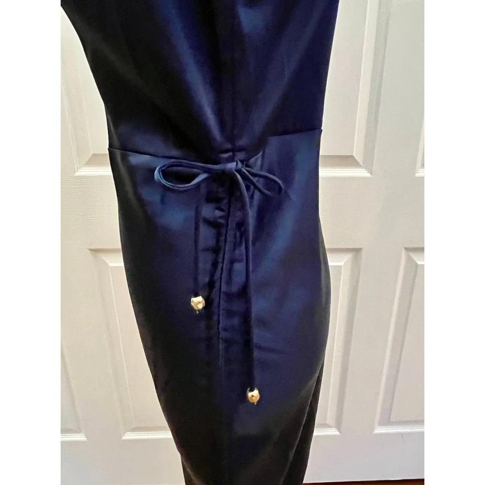 Fashion Nova Navy Blue Satin Cowl Neck Ruched Midi Dress NWT Size Large